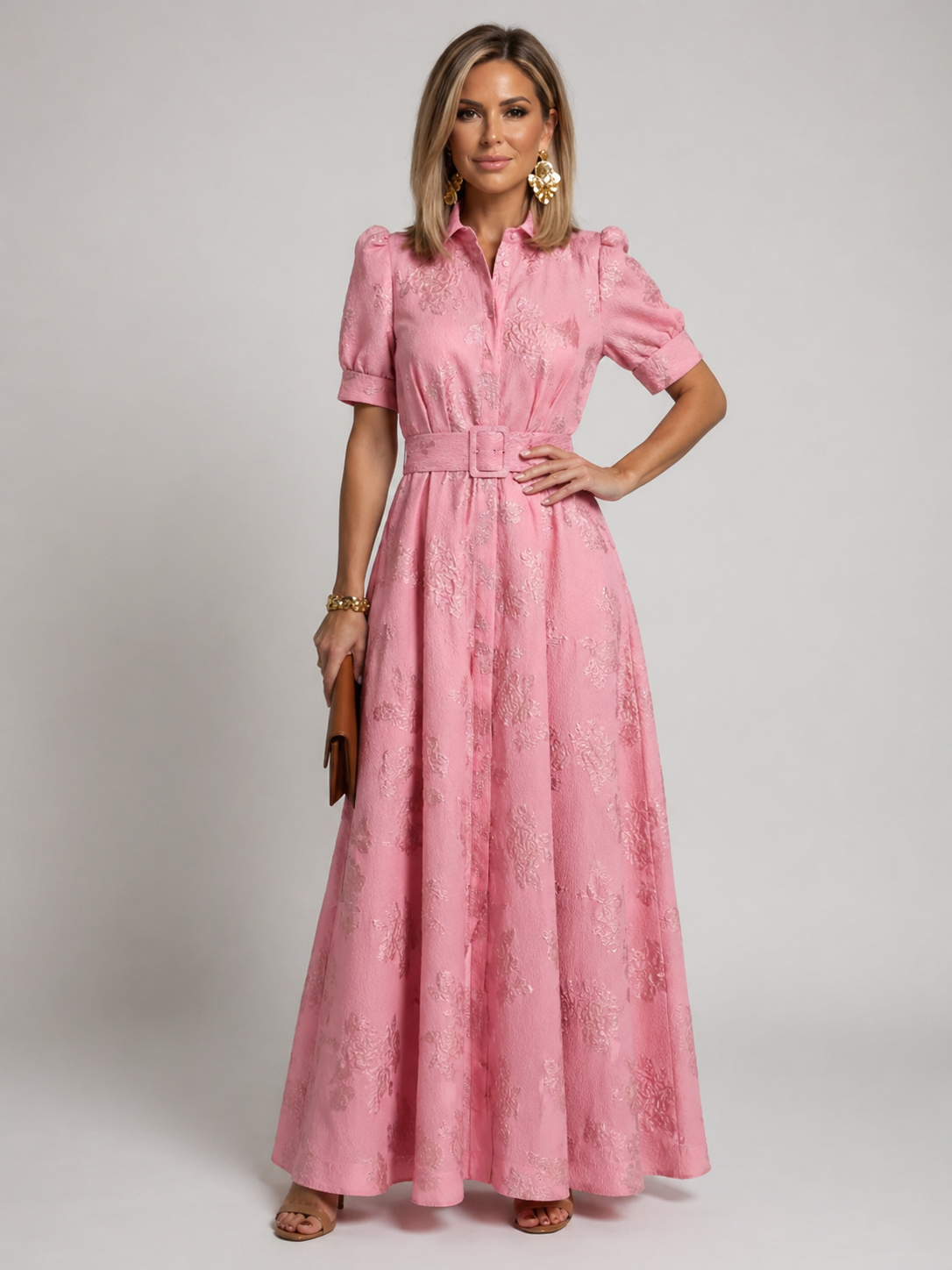 Collared Belted Floral Maxi Dress