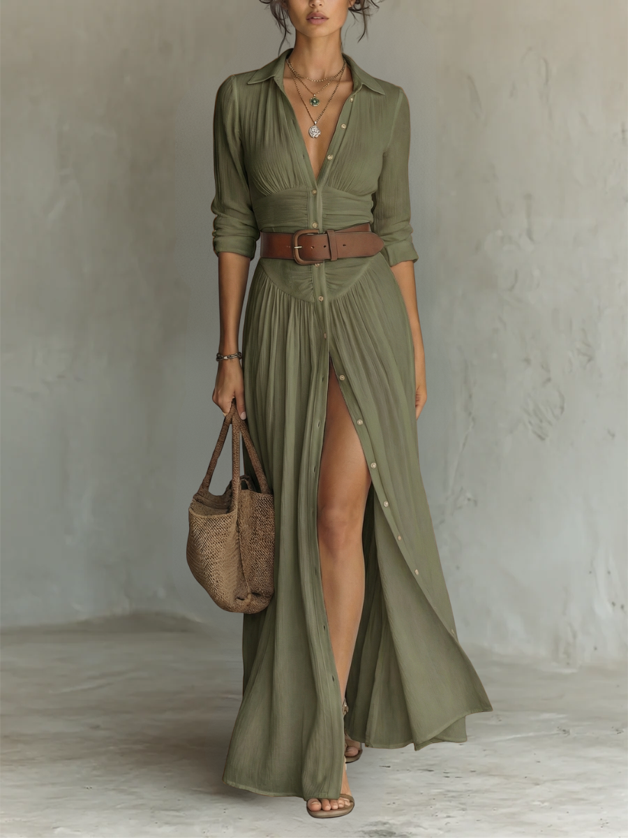 Women's Long Dress with Notched Collar and Long Sleeves in Linen