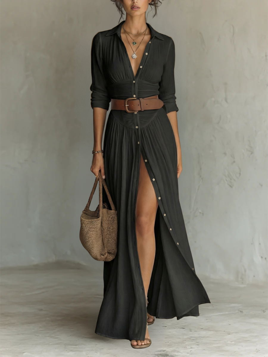 Women's Long Dress with Notched Collar and Long Sleeves in Linen