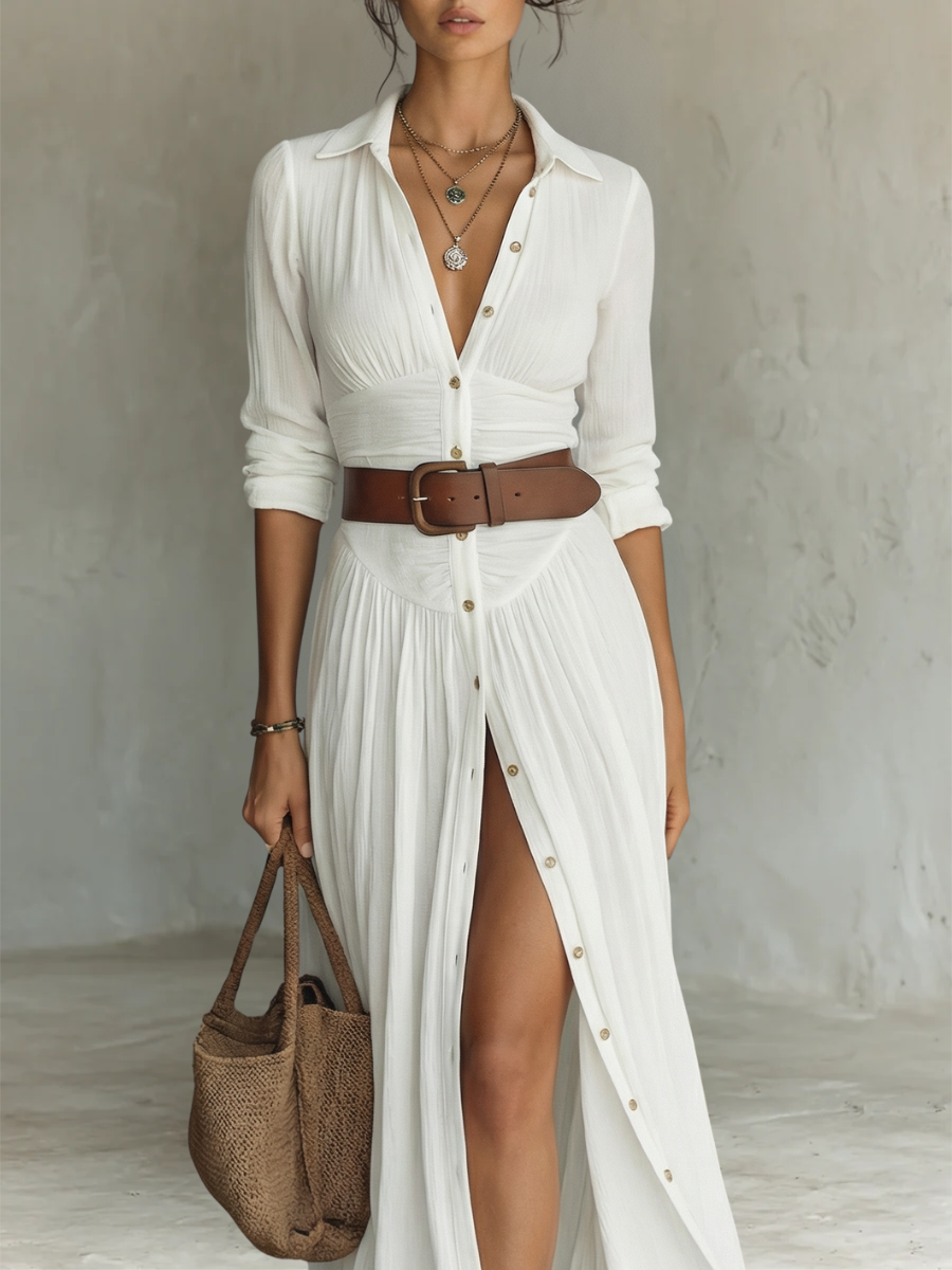 Women's Long Dress with Notched Collar and Long Sleeves in Linen