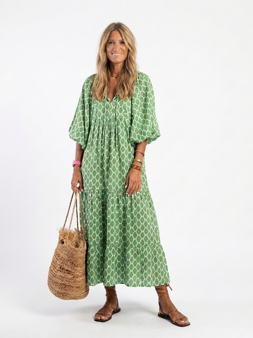 Apolline | Three-Quarter Sleeve V-Neck Printed Midi Dress