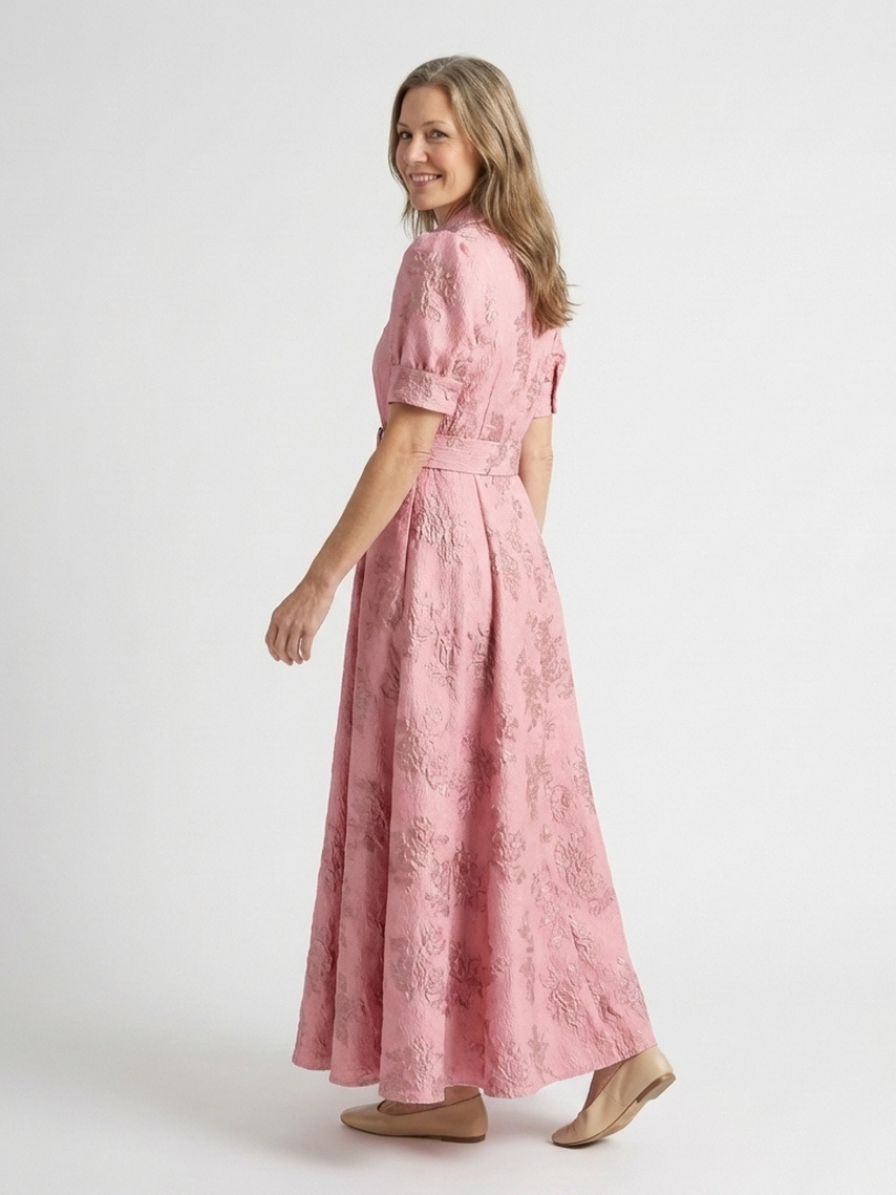Xanthea | Short-sleeved, tailored, floral textured maxi shirt dress