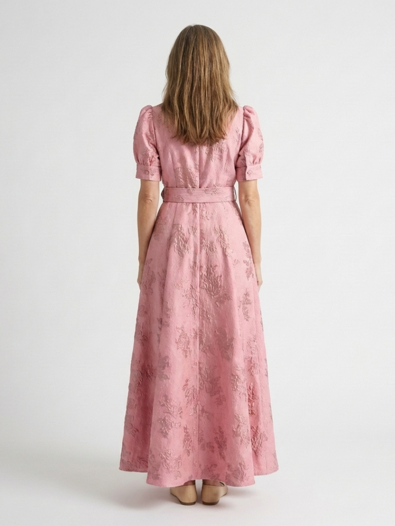 Xanthea | Short-sleeved, tailored, floral textured maxi shirt dress