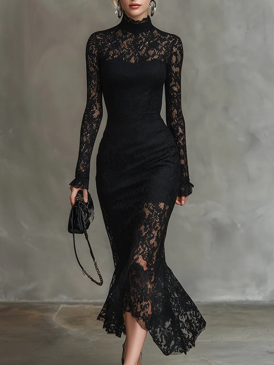 Elegant black stretchy lace fishtail maxi dress