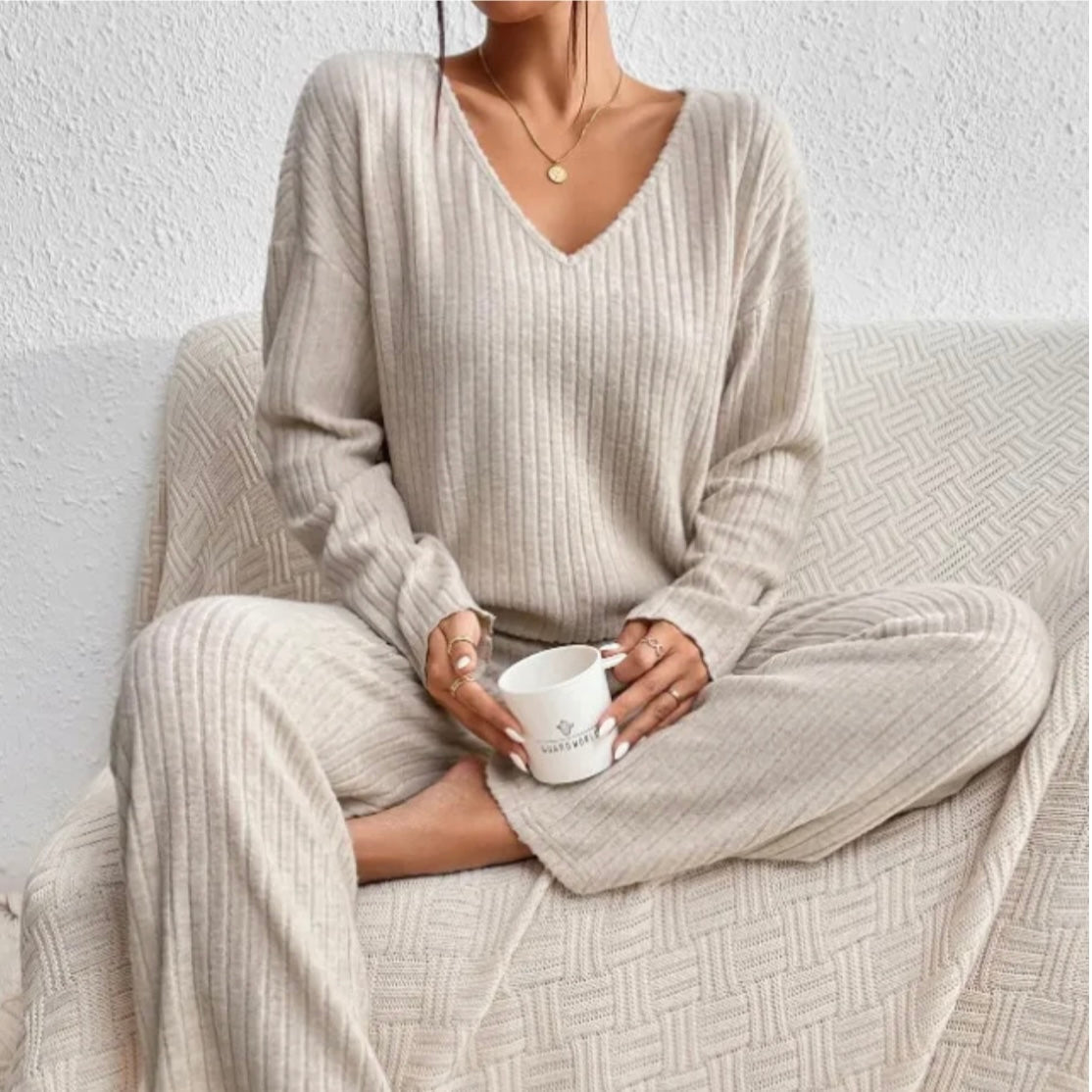 Camila | Ribbed V-Neck Top & Wide-Leg Pant Set