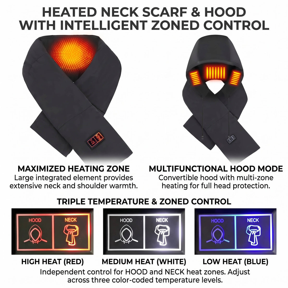 Heated Scarf with Hidden Hat, 5000mAh Rechargeable Wireless Heating Scarf, Lightweight Winter Neck Warmer