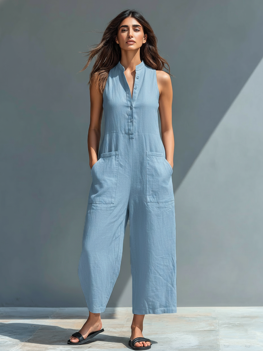 Harper | Stand-Collar Linen-Blend Jumpsuit