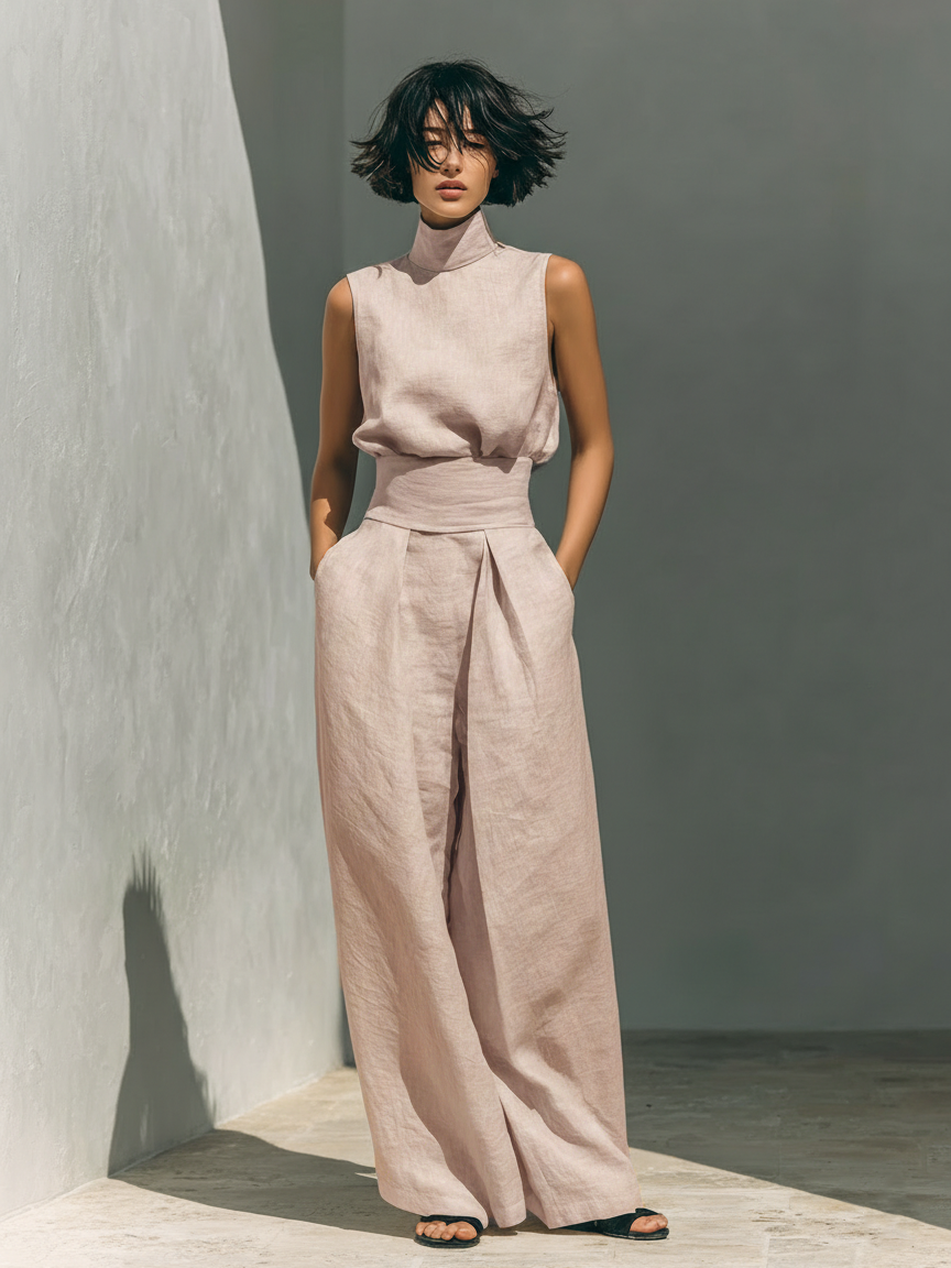 Maria - Complete with tank top and wide-leg cotton and linen minimalist pants for women