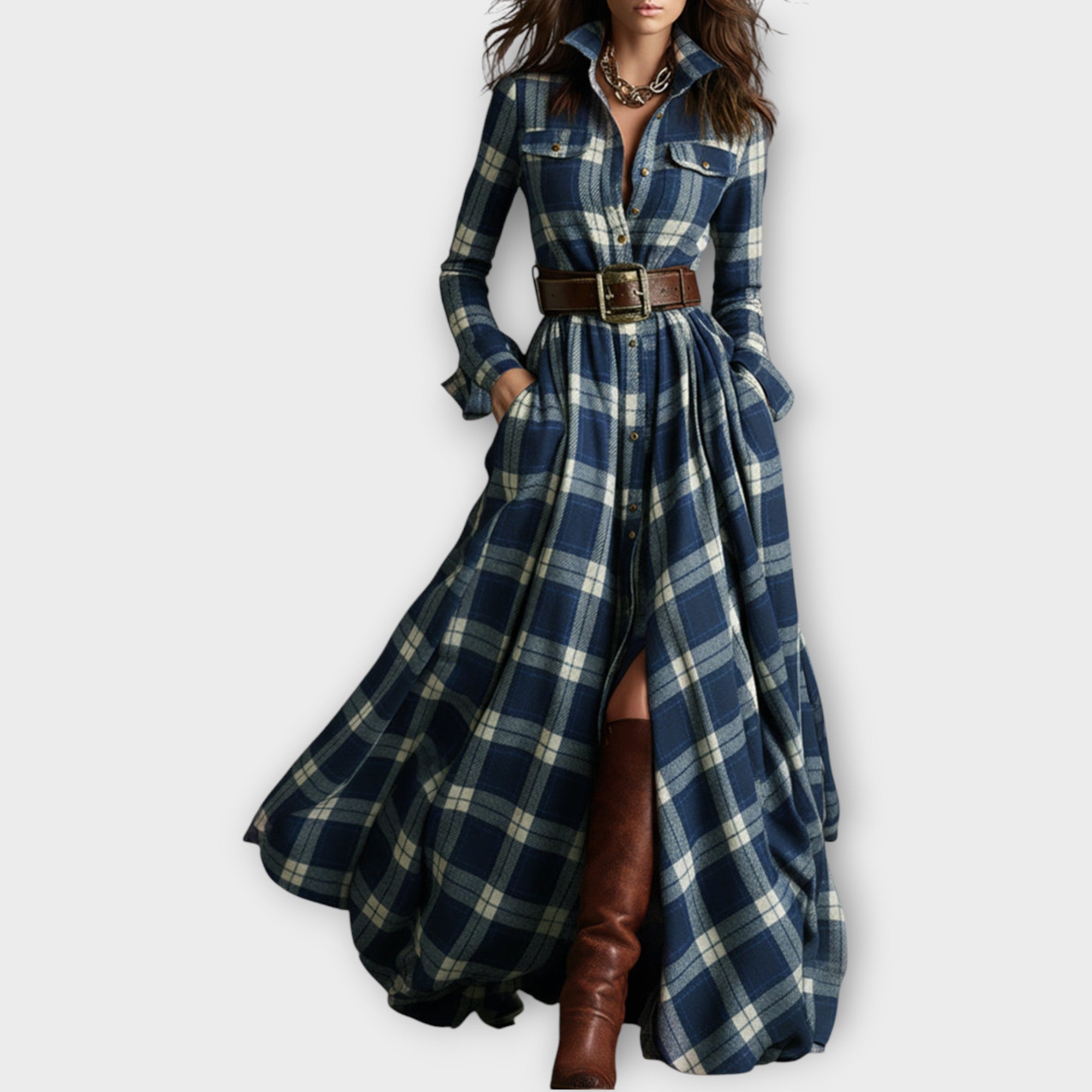 Nora | Plaid Maxi Dress with Button-Down Collar