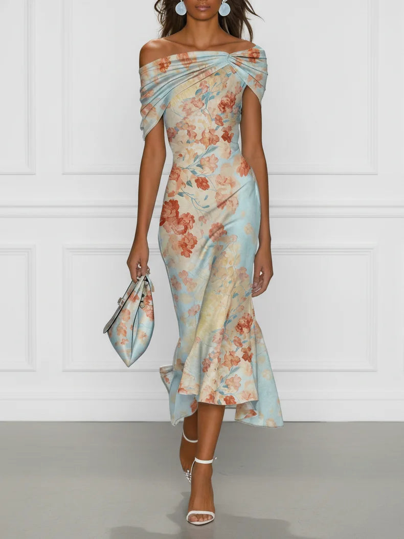 Vittoria - Midi Mermaid Dress without Sleeves with Off-the-Shoulder and Blue Floral Print