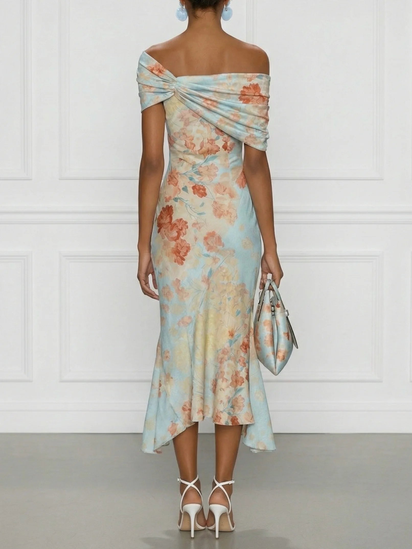 Vittoria - Midi Mermaid Dress without Sleeves with Off-the-Shoulder and Blue Floral Print