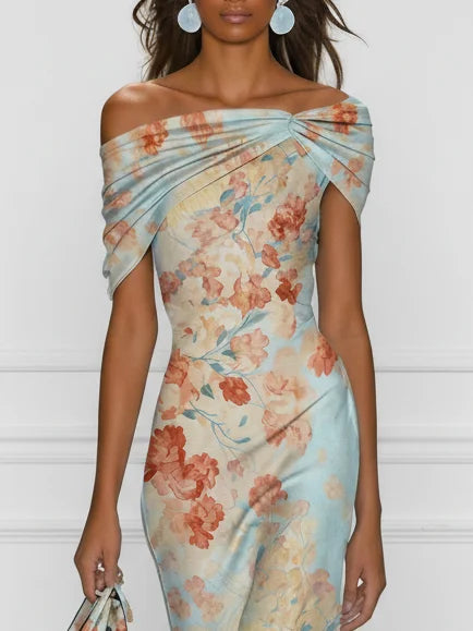 Vittoria - Midi Mermaid Dress without Sleeves with Off-the-Shoulder and Blue Floral Print