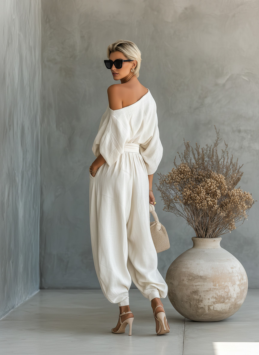 Ava | Linen Off-Shoulder Top & Tapered Pants Set