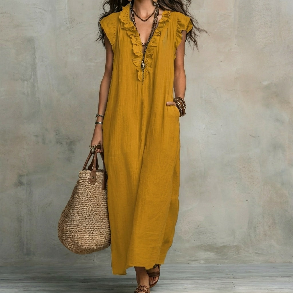 Josefina™ | Long linen-textured dress with a V-neck and ruffles
