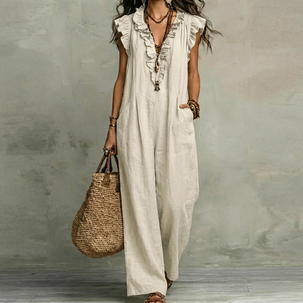 Josefina™ | Long linen-textured dress with a V-neck and ruffles