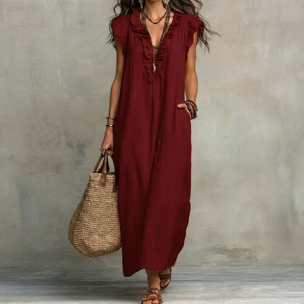 Josefina™ | Long linen-textured dress with a V-neck and ruffles