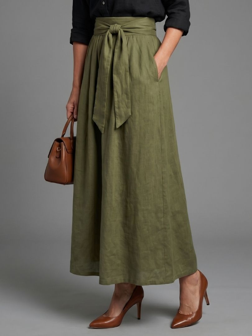 Black Button-Front Blouse and Olive Midi Skirt Set