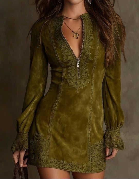 Lace-Trim Long-Sleeve Mini Dress