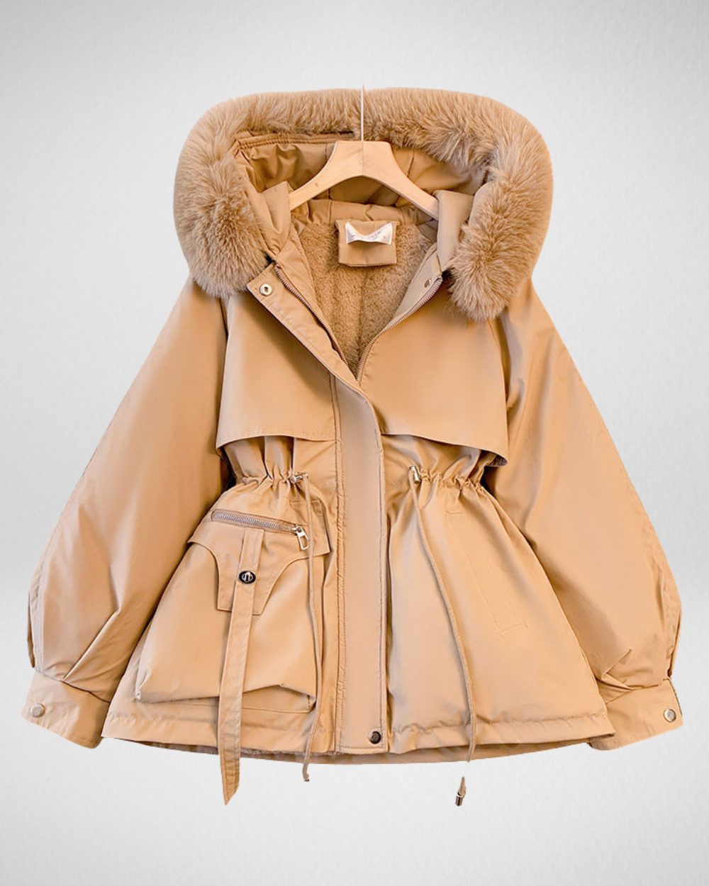 Women's Warm Padded Winter Parka Jacket with Detachable Fur-Trimmed Collar and Adjustable Waist Belt β Elegant Mid-Length Insulated Outerwear for Casual Autumn Winter Wear and Everyday Cold Weather Styling