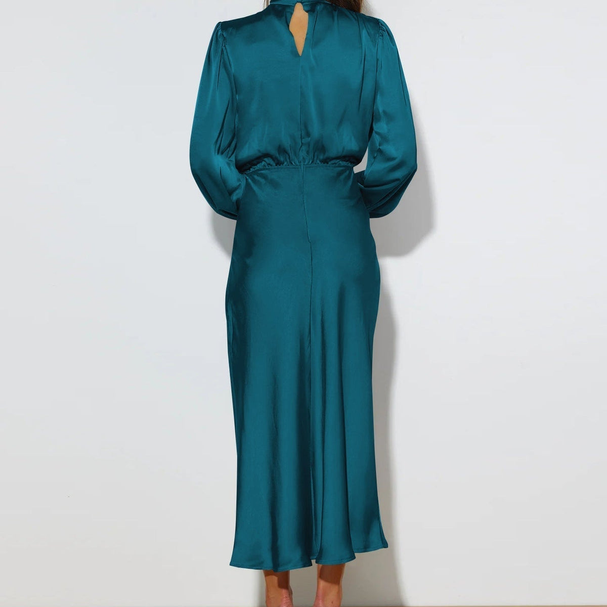 Women’s Satin High Neck Midi Dress Long Sleeve