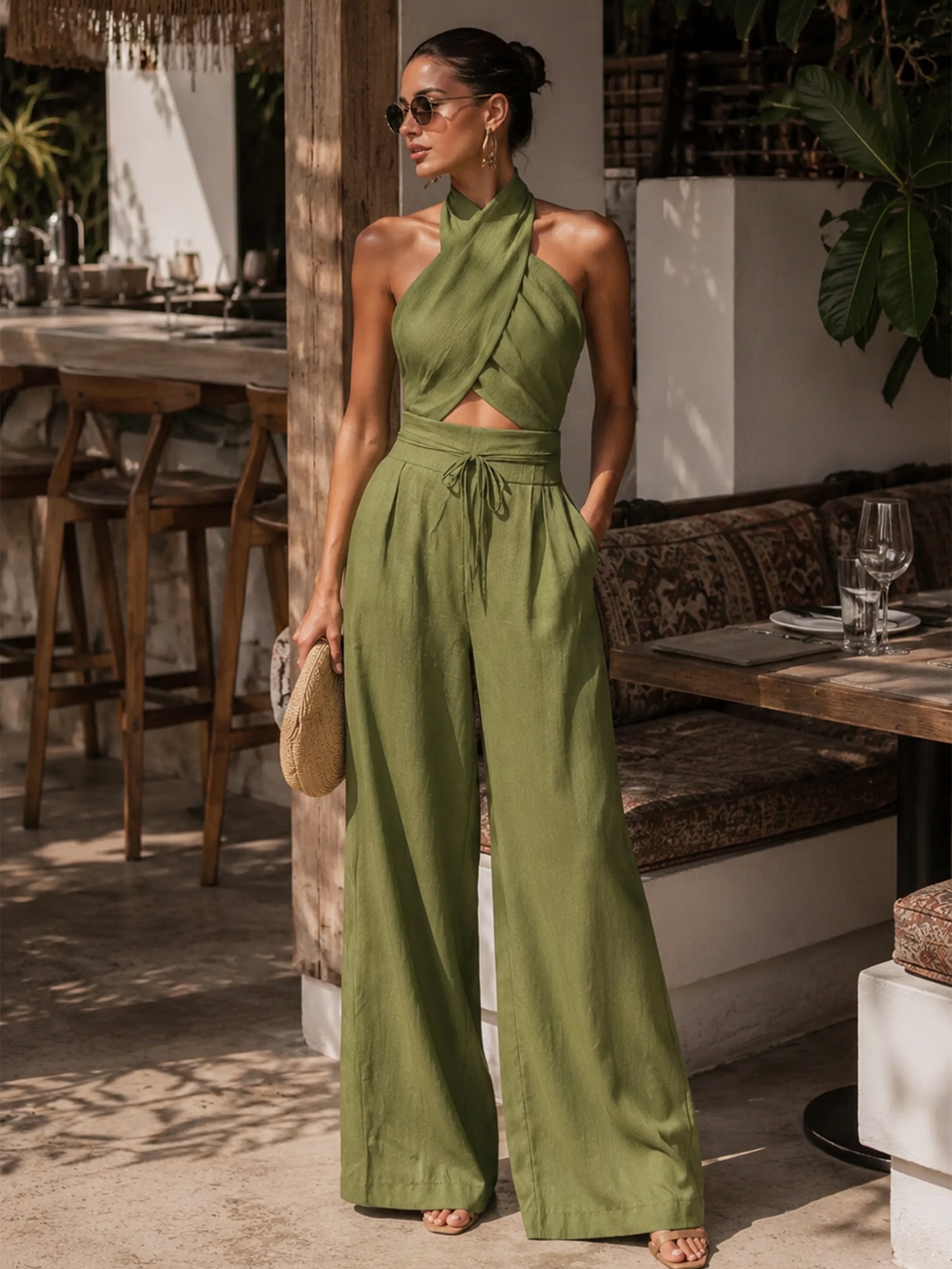 Marisol | Linen-Blend Halter Crop Top & Wide-Leg Pants Set