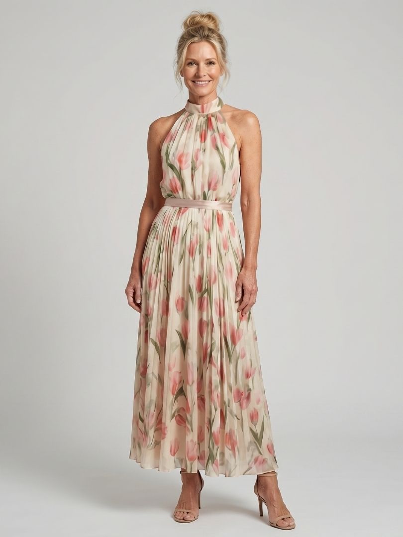 Floral Halter Belted Midi Dress