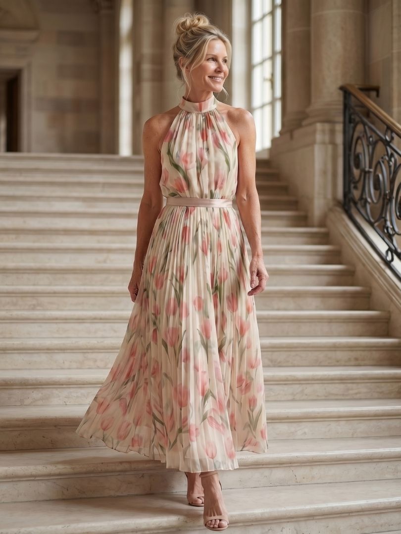 Floral Halter Belted Midi Dress