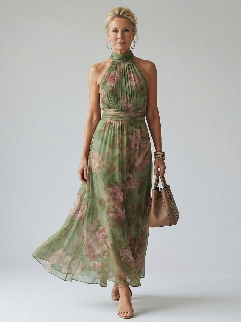 Floral Gathered Halter Midi Dress