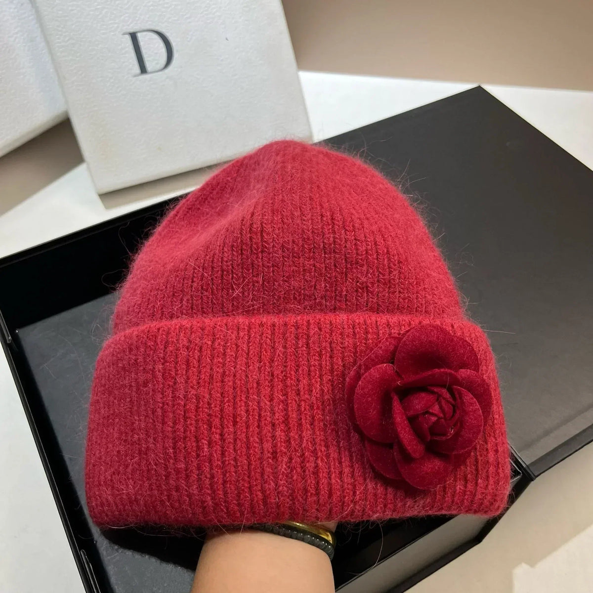 Women’s Rabbit-Fur Knit Winter Beanie – Soft Ribbed Warm Hat with Camellia Flower Detail