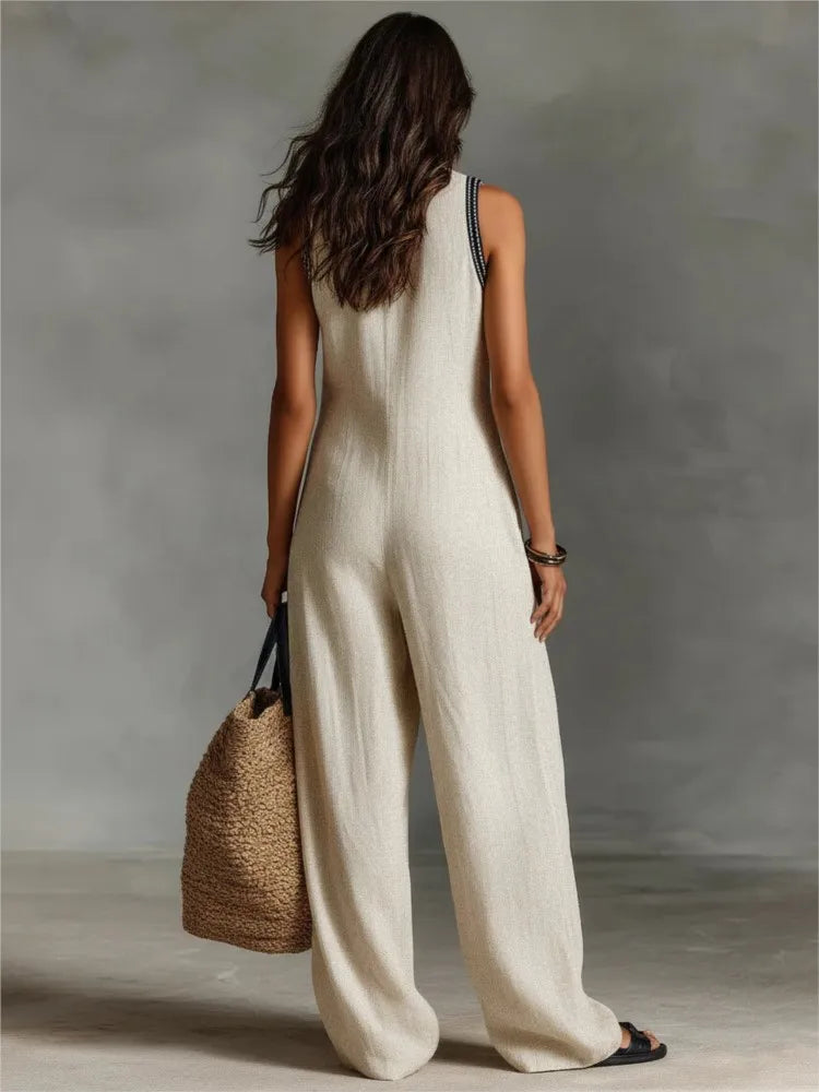 Evelyn | Cotton-Linen Sleeveless High-Neck Jumpsuit