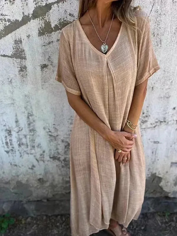 Short-Sleeve V-Neck Maxi Dress