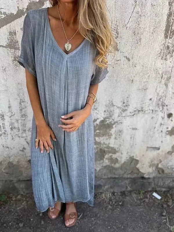 Short-Sleeve V-Neck Maxi Dress