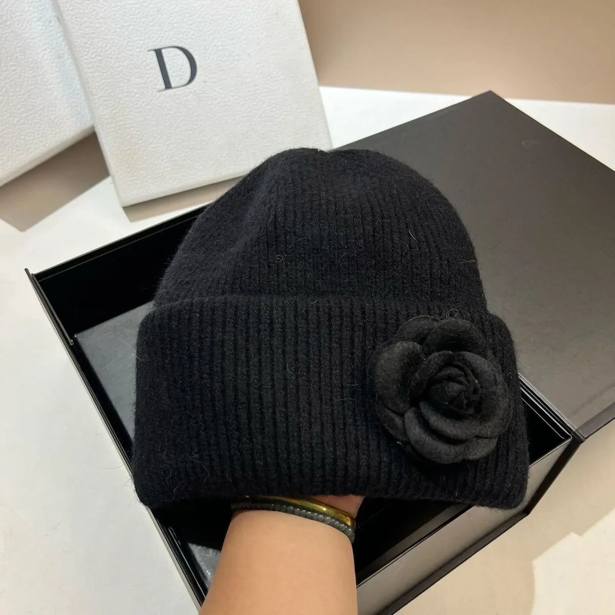 Women’s Rabbit-Fur Knit Winter Beanie – Soft Ribbed Warm Hat with Camellia Flower Detail