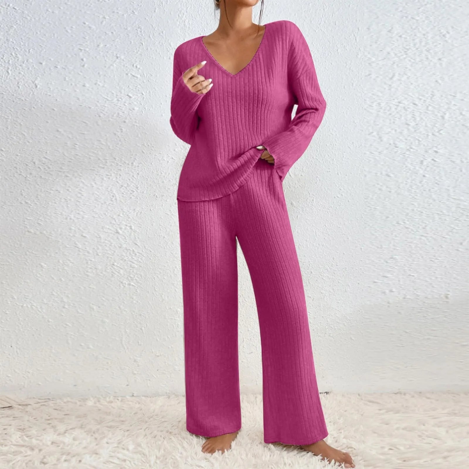 Camila | Ribbed V-Neck Top & Wide-Leg Pant Set