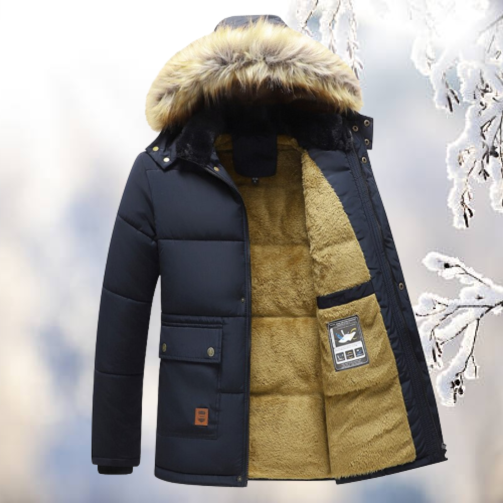 Men’s Fur-Trimmed Hooded Winter Parka – Warm Fleece-Lined Layer for Everyday City Wear Outdoor Walks Travel and Cold-Weather Styling