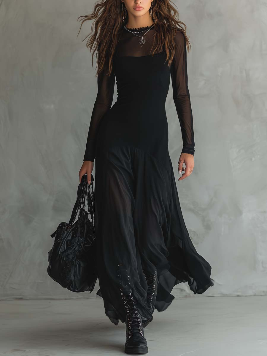 Maxi Loose-fit Dress in Black Tulle