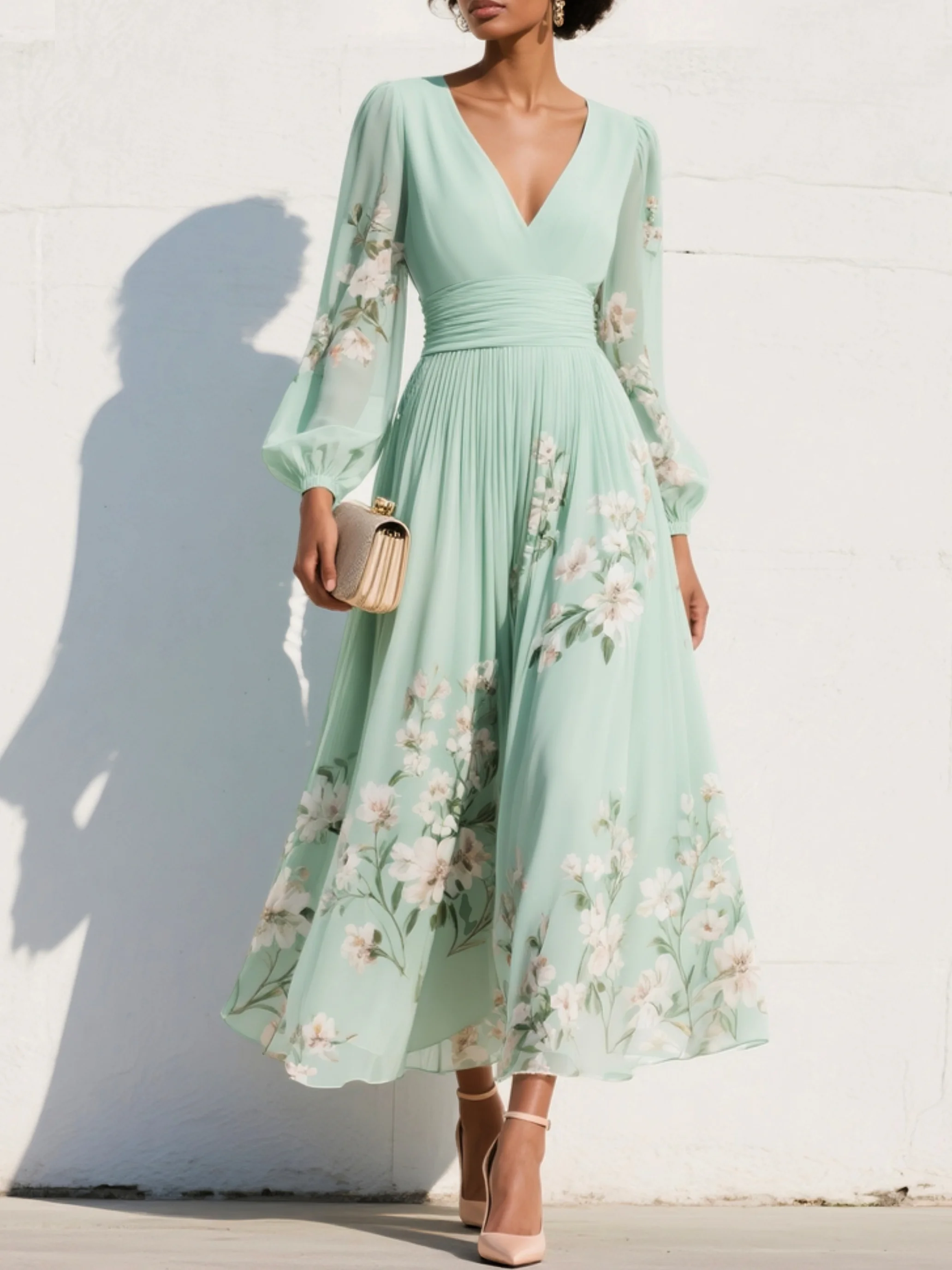 Mint Green Chiffon Pleated Maxi Dress with Floral Print for Women