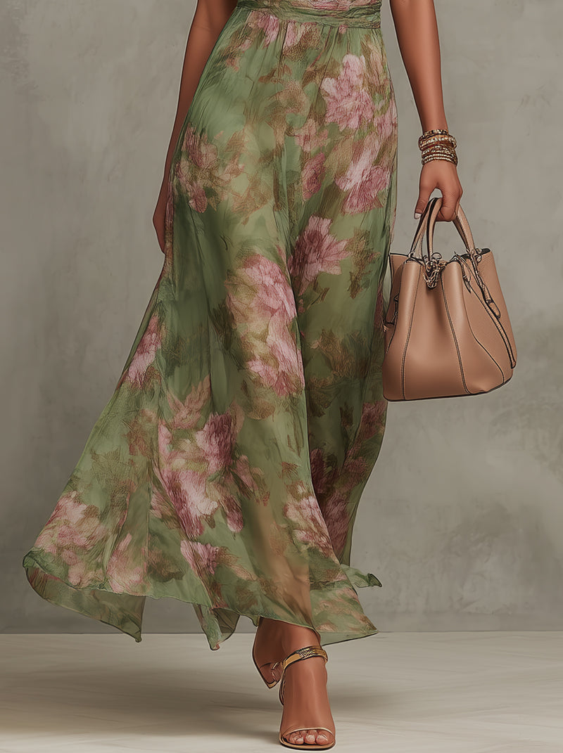 Serena ∙ Long green floral chiffon dress with halter neck