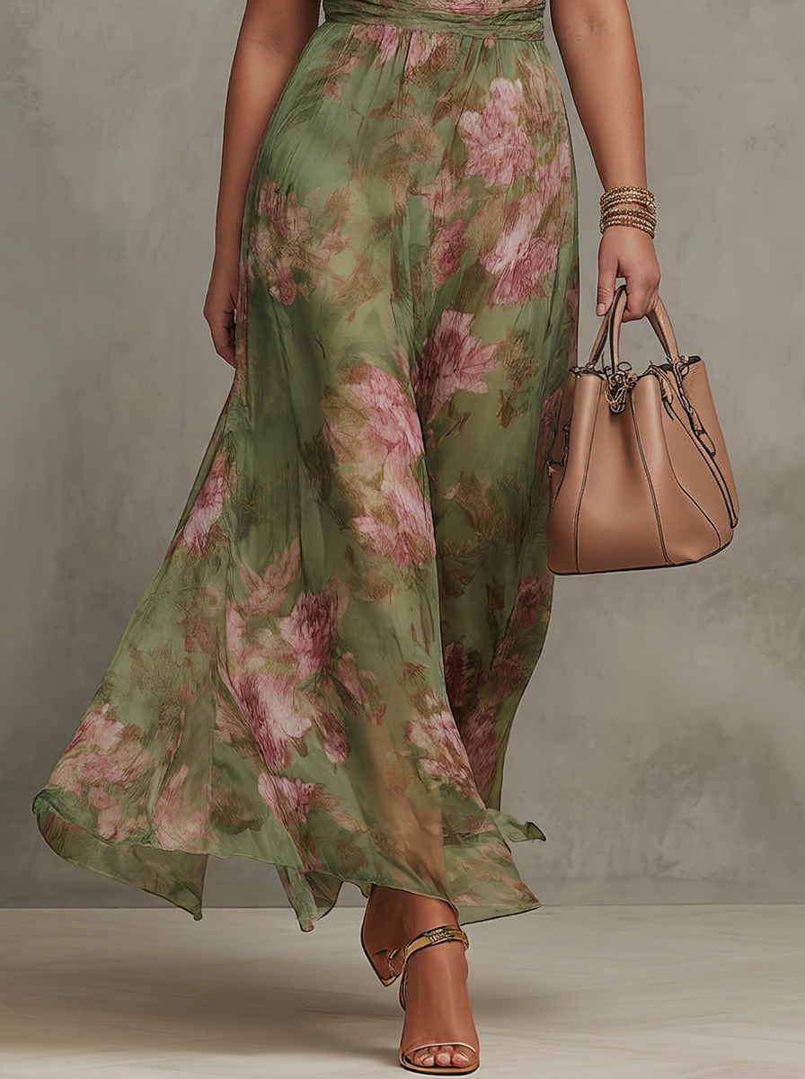 Florence | Green Floral Chiffon Halter Maxi Dress