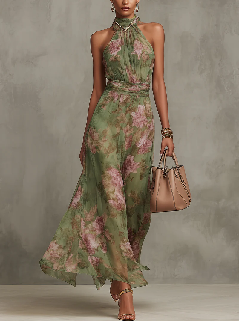 Serena β Elegant Floral Chiffon Halter Maxi Dress