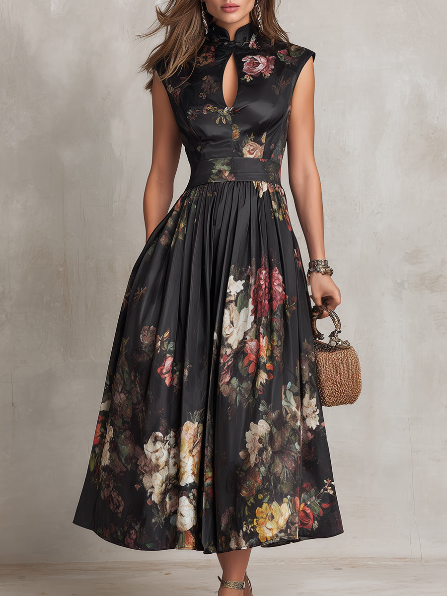 Violetta - Black midi dress in pleated satin with floral pattern and keyhole collar
