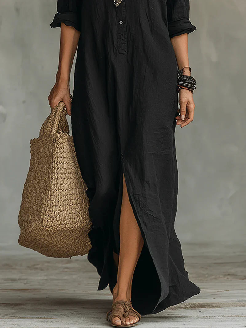 Selena | Black Oversized Maxi Dress with Buttons