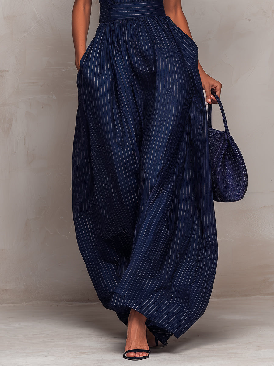 Anna - Dark blue striped jumpsuit with keyhole neckline and wide-leg pants