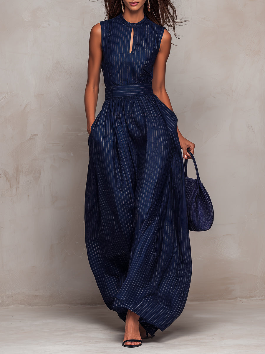 Anna - Dark blue striped jumpsuit with keyhole neckline and wide-leg pants