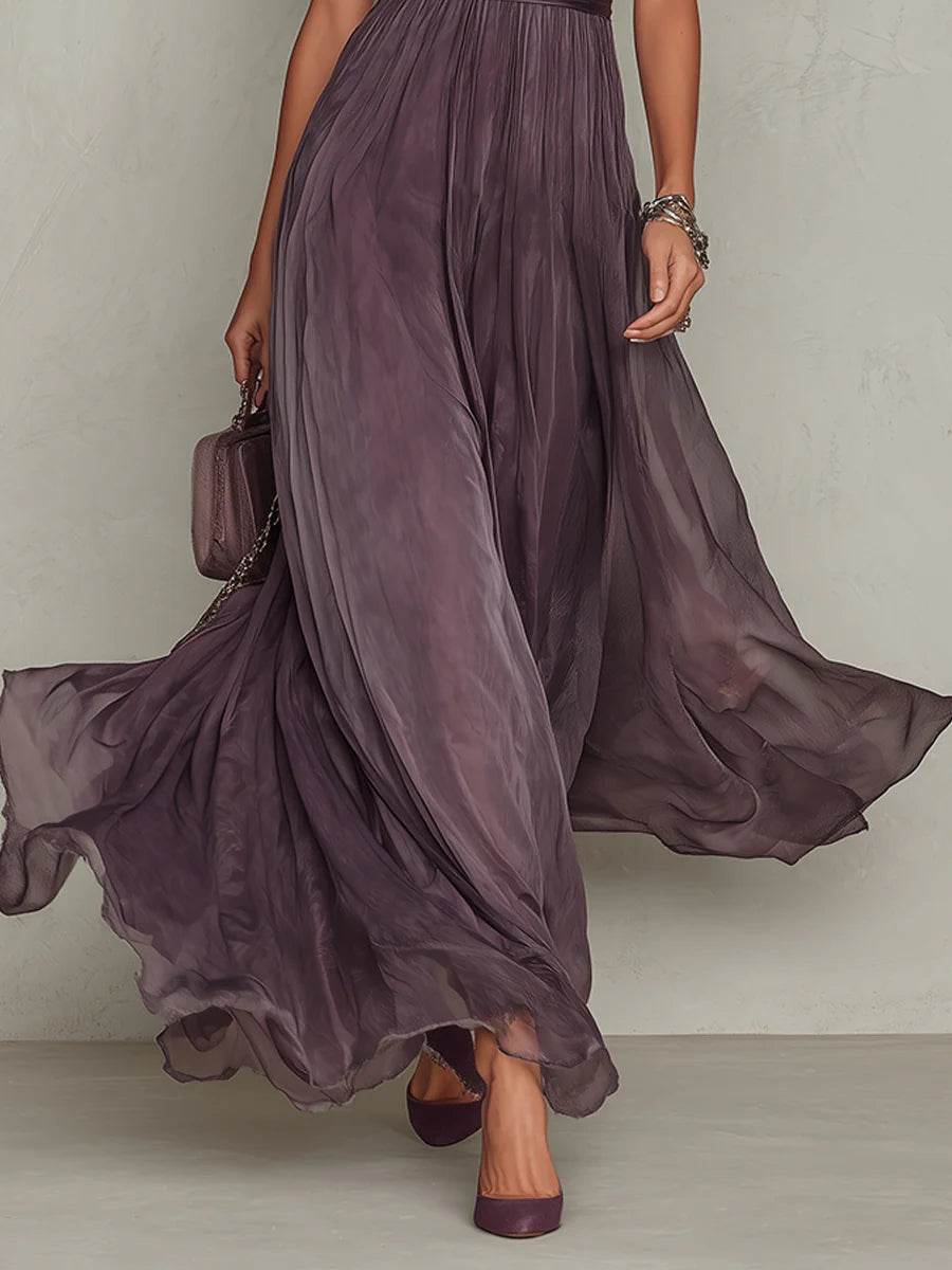 Flavia - Long Purple Dress with a Keyhole Neckline and Chiffon Lace Trim