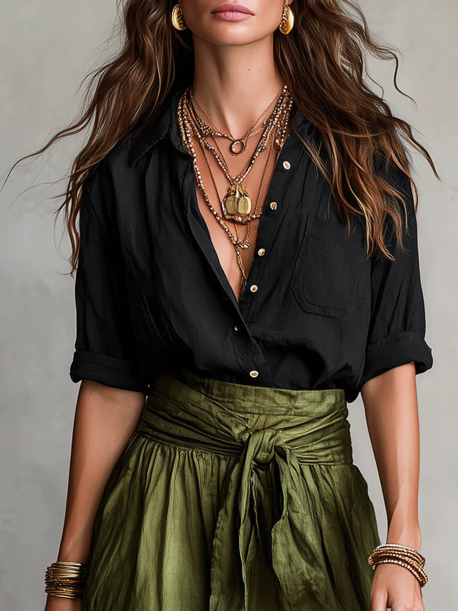 Vera β Two-Piece Set: Black T-Shirt and Olive Green Midi Skirt