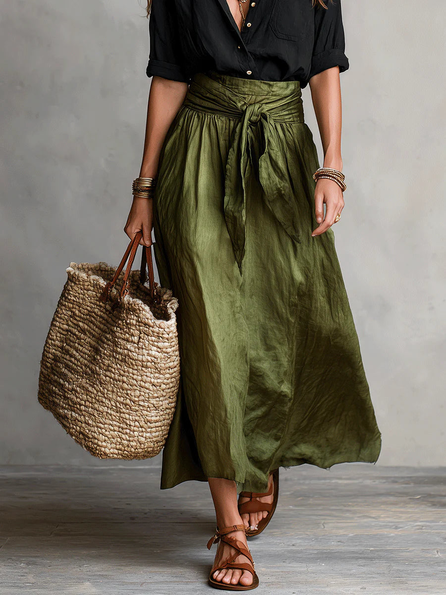 Vera β Two-Piece Set: Black T-Shirt and Olive Green Midi Skirt