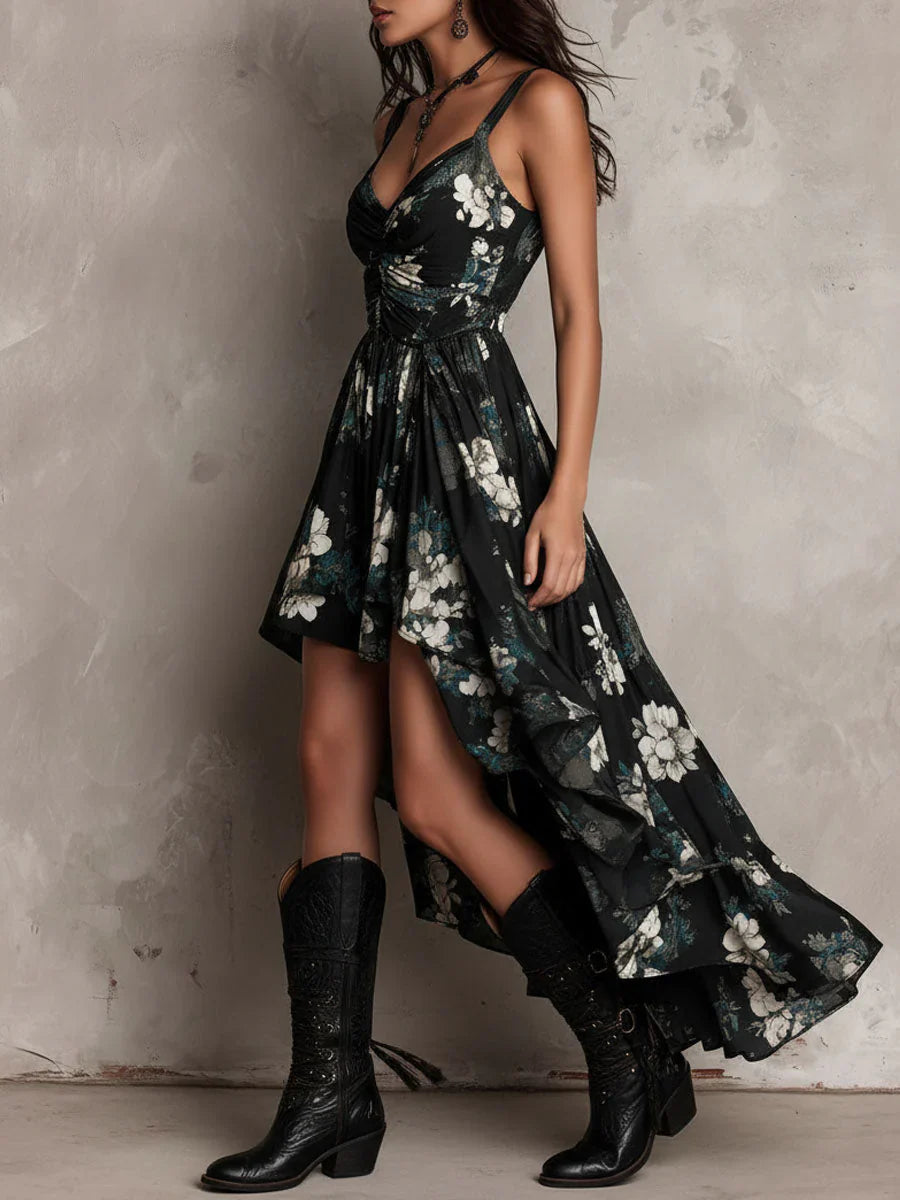 Black strapless long boho dress with floral print and asymmetric cut