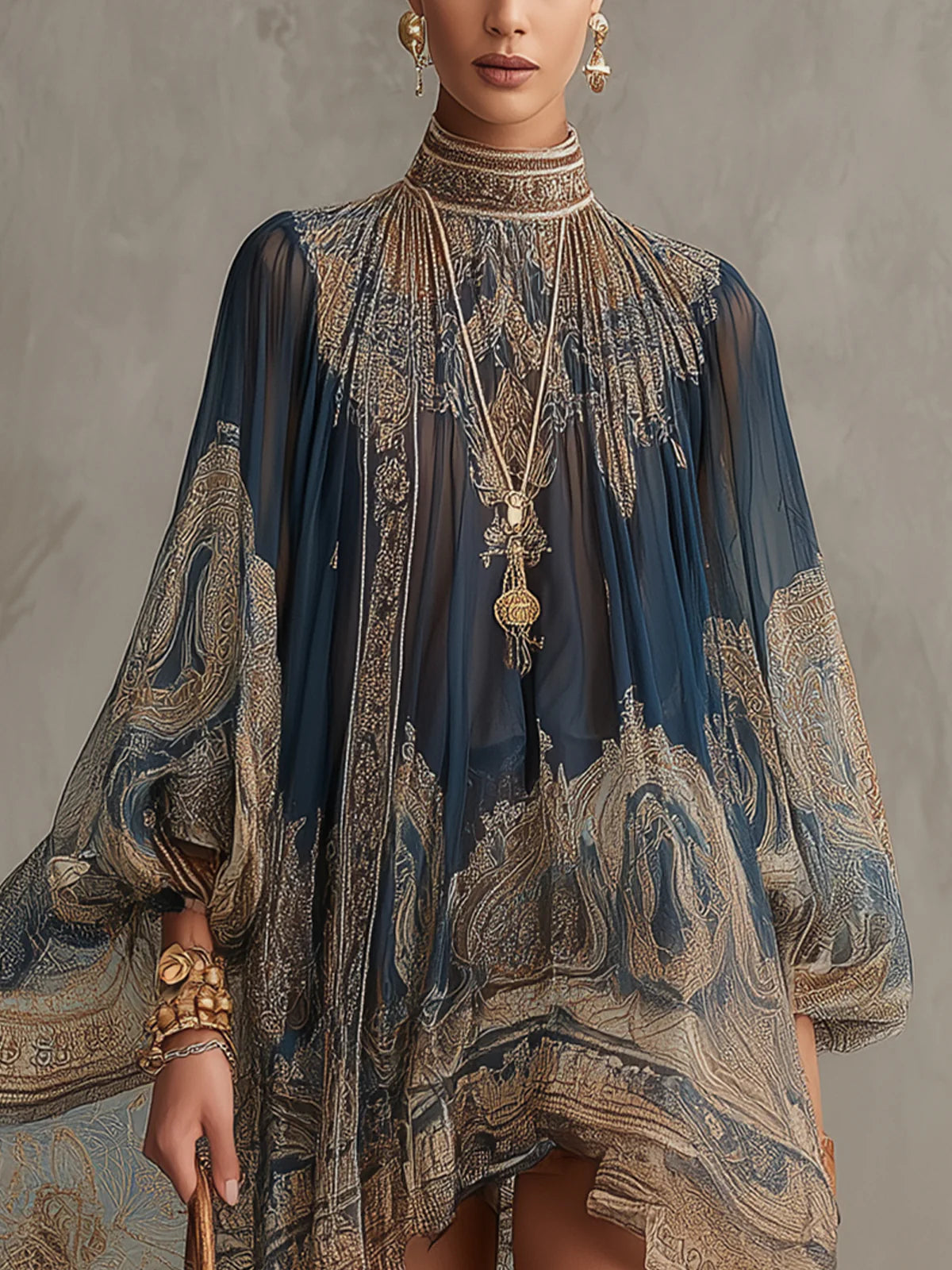 Teresa | Asymmetrical Mini Dress in Chiffon with Navy Baroque Print and Stand Collar