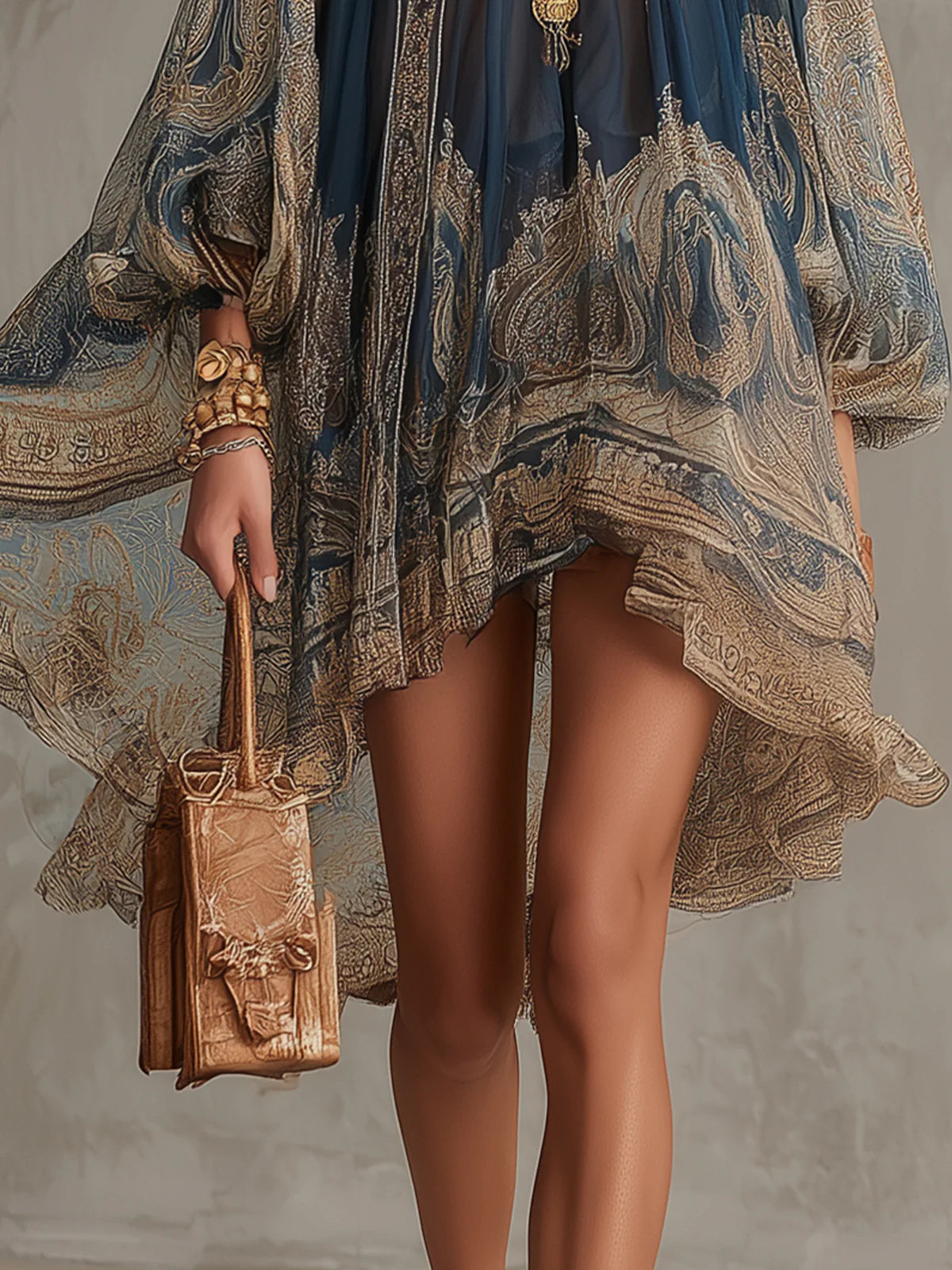 Teresa | Asymmetrical Mini Dress in Chiffon with Navy Baroque Print and Stand Collar